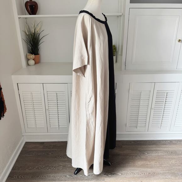 Kedem Sasson Colorblock Black Beige Linen Oversized Caftan Maxi Dress OS - Picture 5 of 8